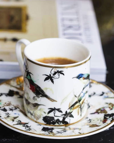 Roberto Cavalli Home Coffee Cup & Saucer FLOWERS MODEL D-A Set of 2 in Luxury Box  diam. 2.3", H 2.5", Cap. 4 oz, Saucer diam. 4.75"