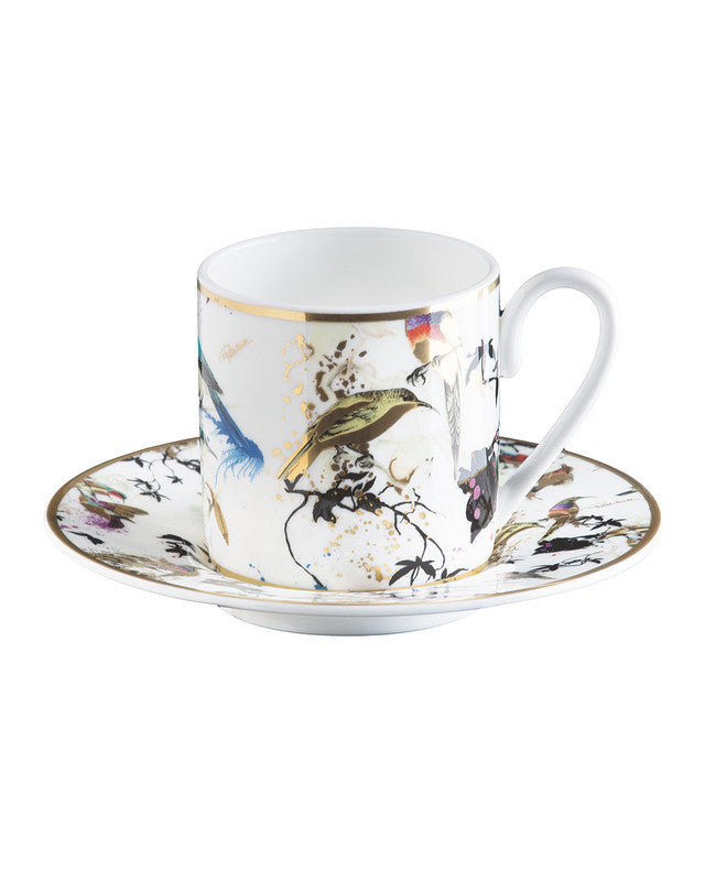 Roberto Cavalli Home Coffee Cup & Saucer GARDEN'S BIRDS Set of 2 in Luxury Box  diam. 2.3