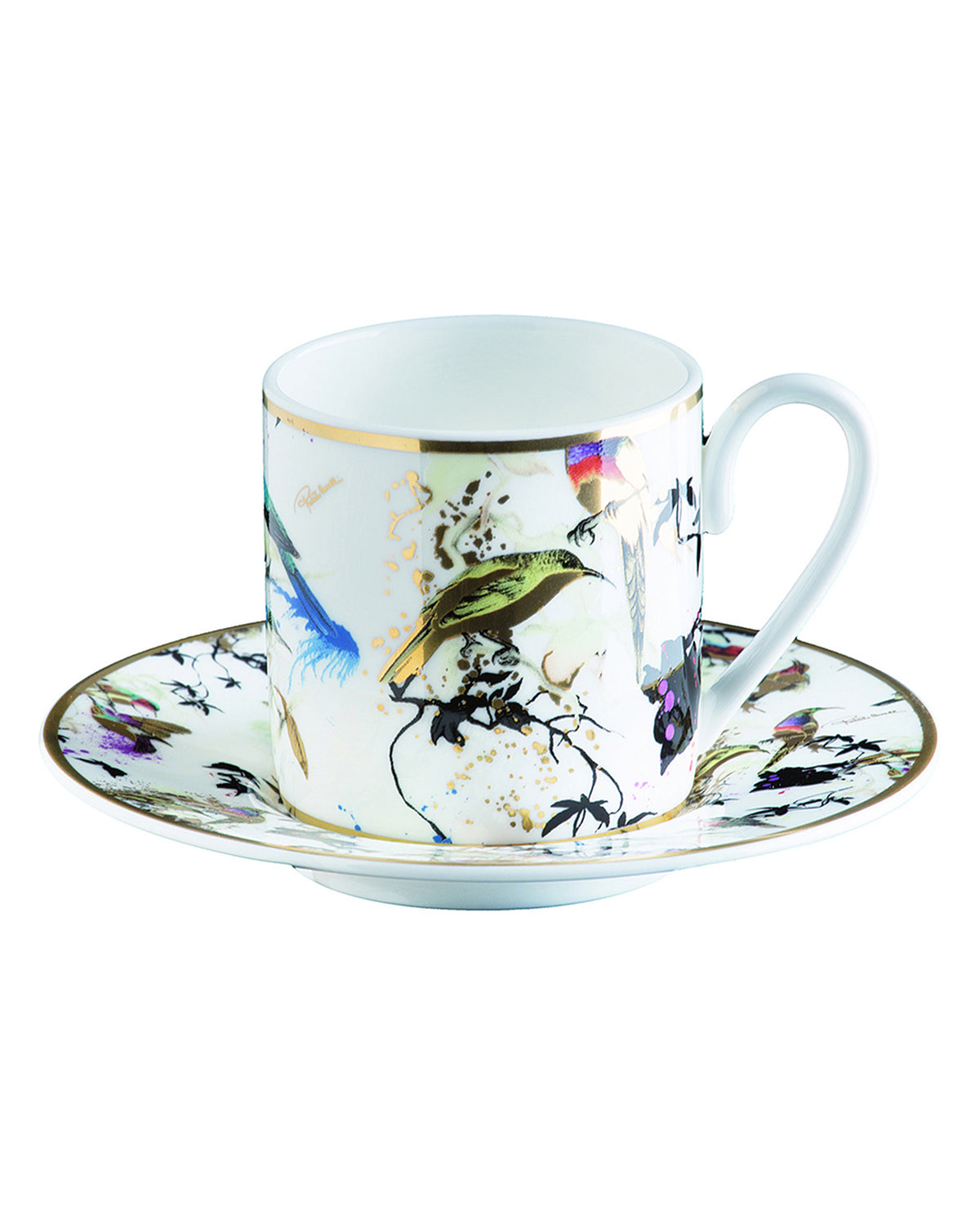Coffee Cup & Saucer GARDEN'S BIRDS Set of 2 in Luxury Box  diam. 2.3", H 2.5", Cap. 4 oz, Saucer diam. 4.75"