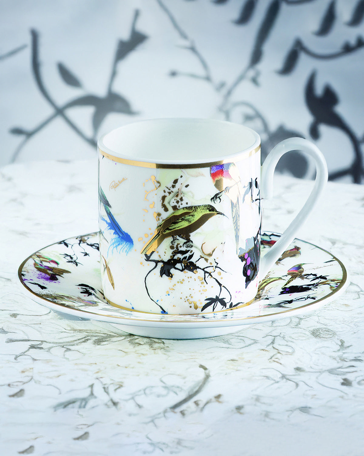 Coffee Cup & Saucer GARDEN'S BIRDS Set of 2 in Luxury Box  diam. 2.3", H 2.5", Cap. 4 oz, Saucer diam. 4.75"