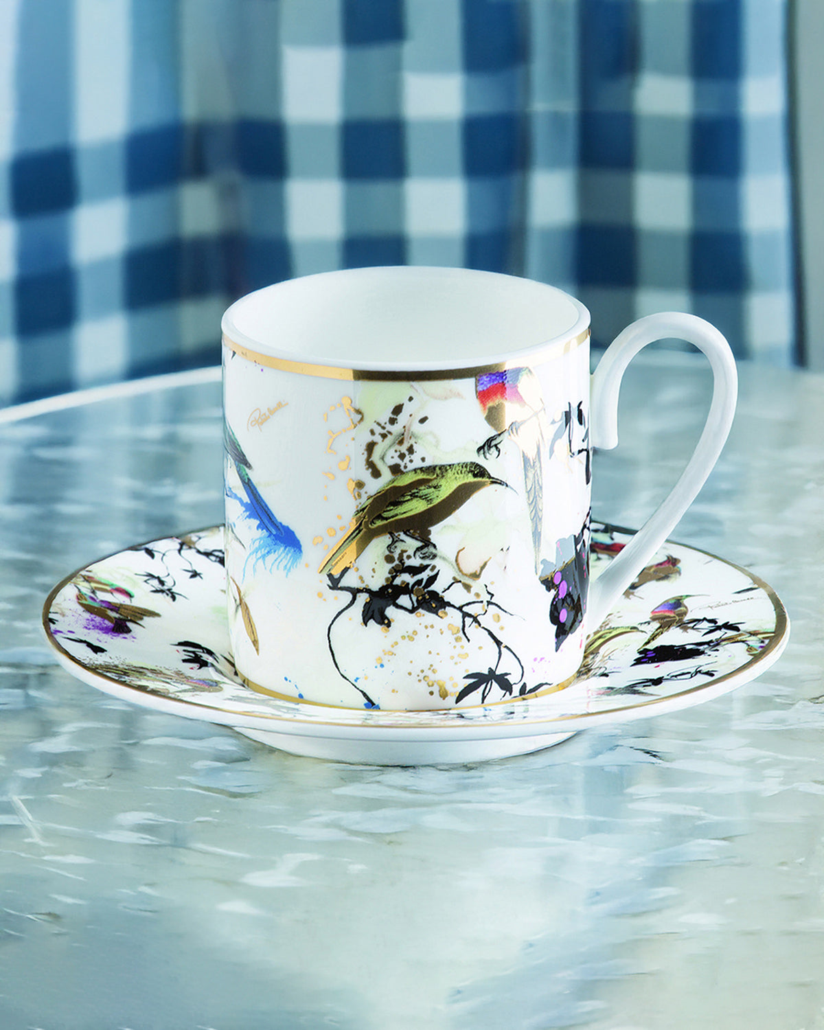 Coffee Cup & Saucer GARDEN'S BIRDS Set of 2 in Luxury Box  diam. 2.3", H 2.5", Cap. 4 oz, Saucer diam. 4.75"