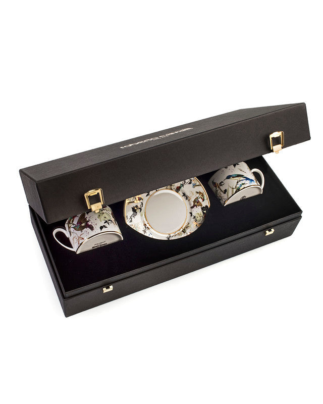 Roberto Cavalli Home Tea Cup & Saucer GARDEN'S BIRDS Set of 2 in Luxury Box diam. 3.3", H 2.3", cap. 7.5 oz, Saucer diam. 6"