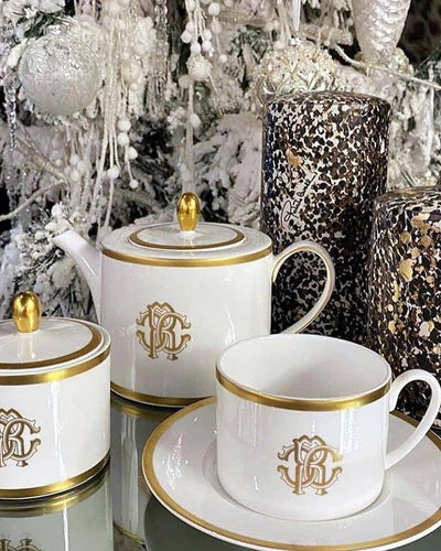 Roberto Cavalli Home Coffee Cup & Saucer GIRAFFE Set of 2 in Luxury Box  diam. 2.3", H 2.5", Cap. 4 oz, Saucer diam. 4.75"
