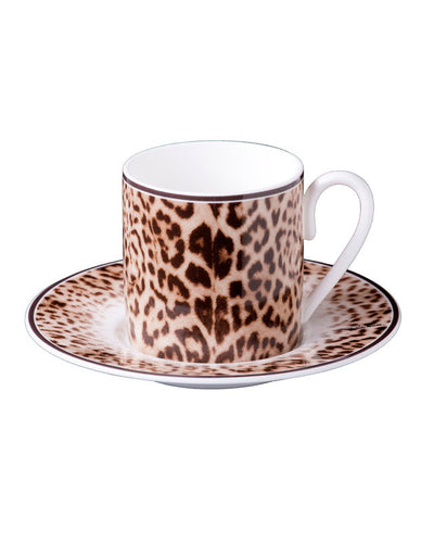 Roberto Cavalli Home Coffee Cup & Saucer JAGUAR Set of 2 in Luxury Box  diam. 2.3", H 2.5", Cap. 4 oz, Saucer diam. 4.75"