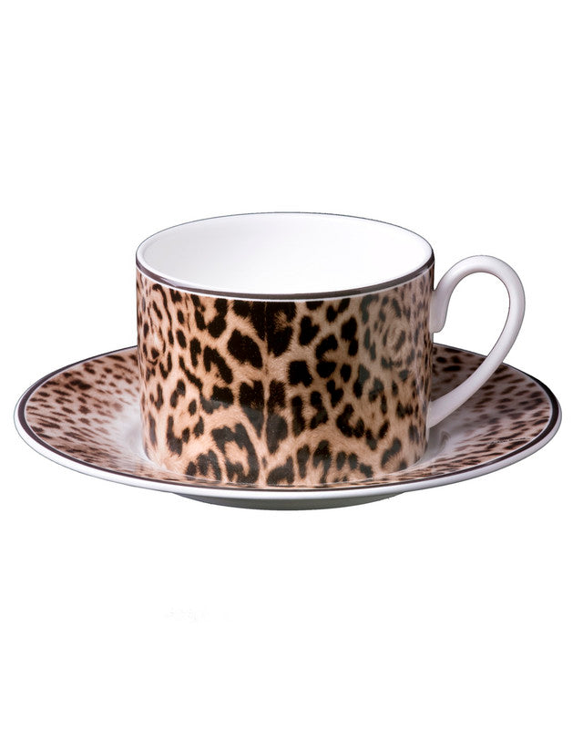 Roberto Cavalli Home Tea Cup & Saucer JAGUAR Set of 2 in Luxury Box diam. 3.3", H 2.3", cap. 7.5 oz, Saucer diam. 6"