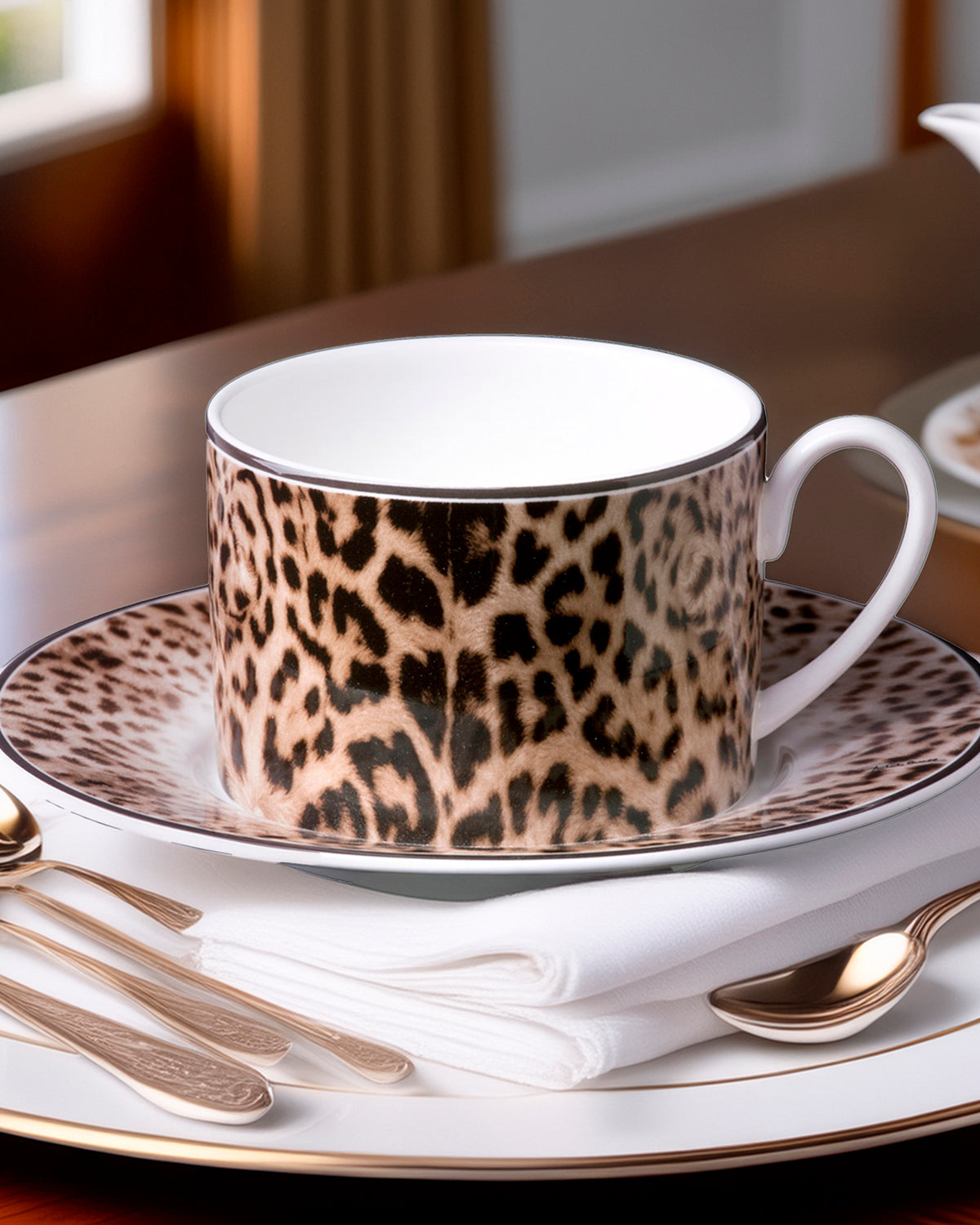 Tea Cup & Saucer JAGUAR Set of 2 in Luxury Box diam. 3.3", H 2.3", cap. 7.5 oz, Saucer diam. 6"