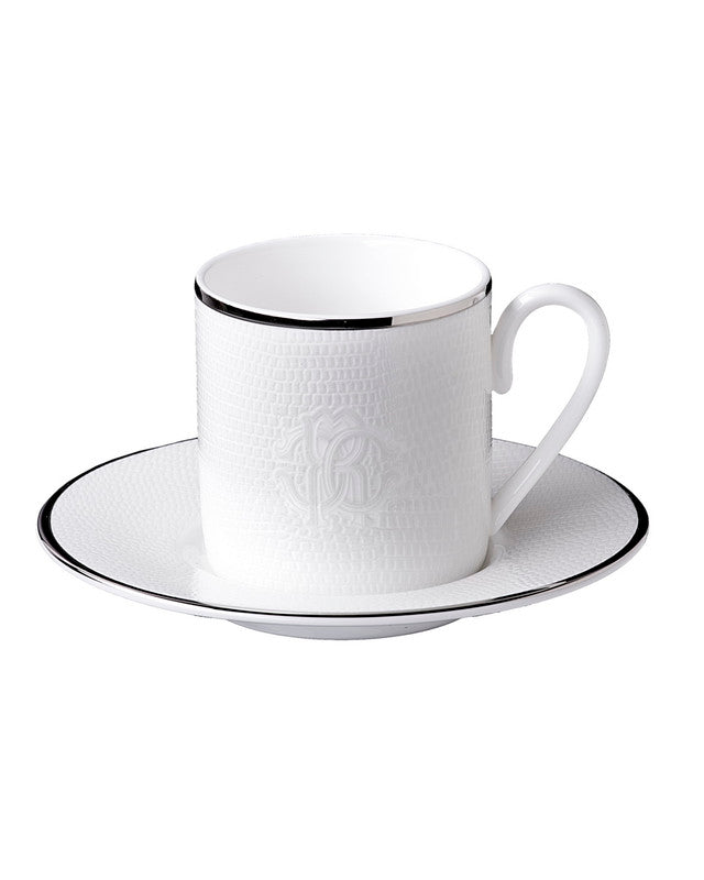 Roberto Cavalli Home Coffee Cup & Saucer LIZARD PLATIN Set of 2 in Luxury Box  diam. 2.3", H 2.5", Cap. 4 oz, Saucer diam. 4.75"
