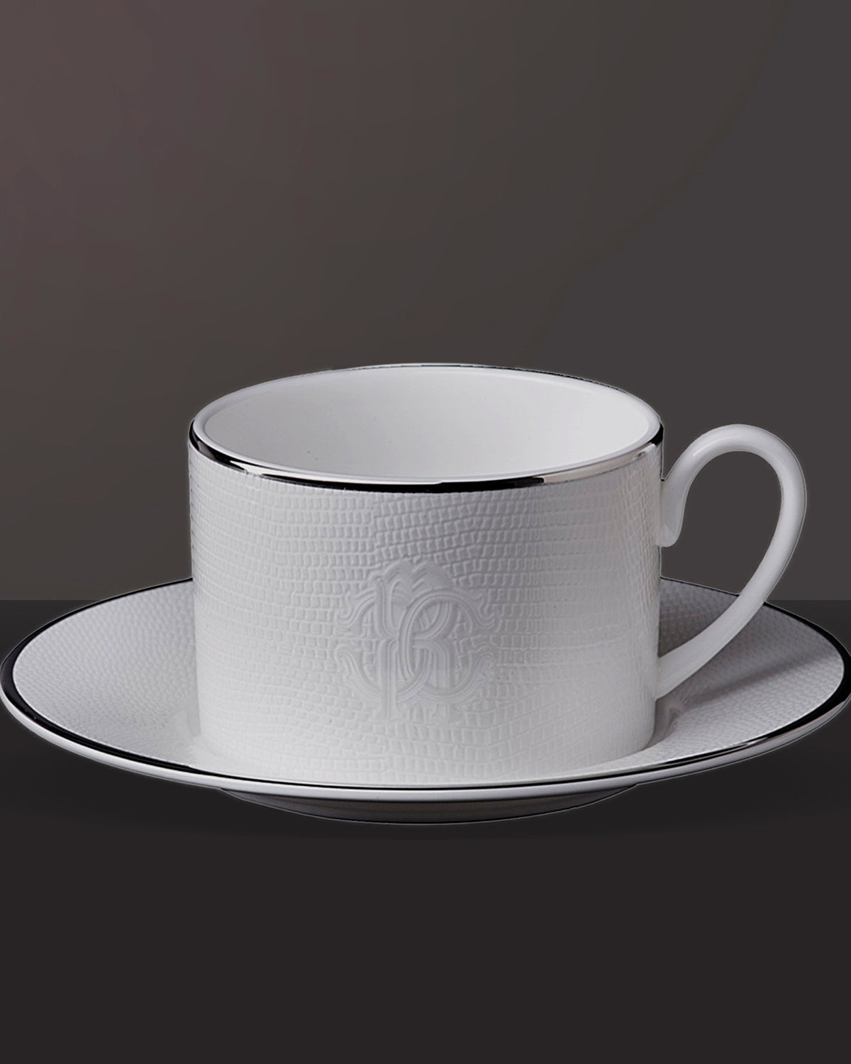 Tea Cup & Saucer LIZARD PLATIN Set of 2 in Luxury Box diam. 3.3", H 2.3", cap. 7.5 oz, Saucer diam. 6"