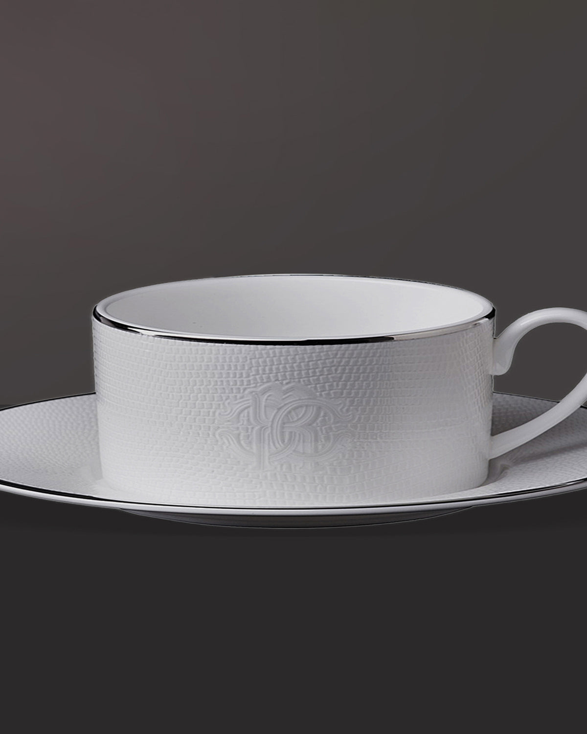 Tea Cup & Saucer LIZARD PLATIN Set of 2 in Luxury Box diam. 3.3", H 2.3", cap. 7.5 oz, Saucer diam. 6"