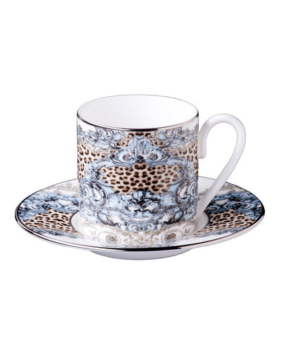 Roberto Cavalli Home Coffee Cup & Saucer PALAZZO PITTI Set of 2 in Luxury Box  diam. 2.3", H 2.5", Cap. 4 oz, Saucer diam. 4.75"