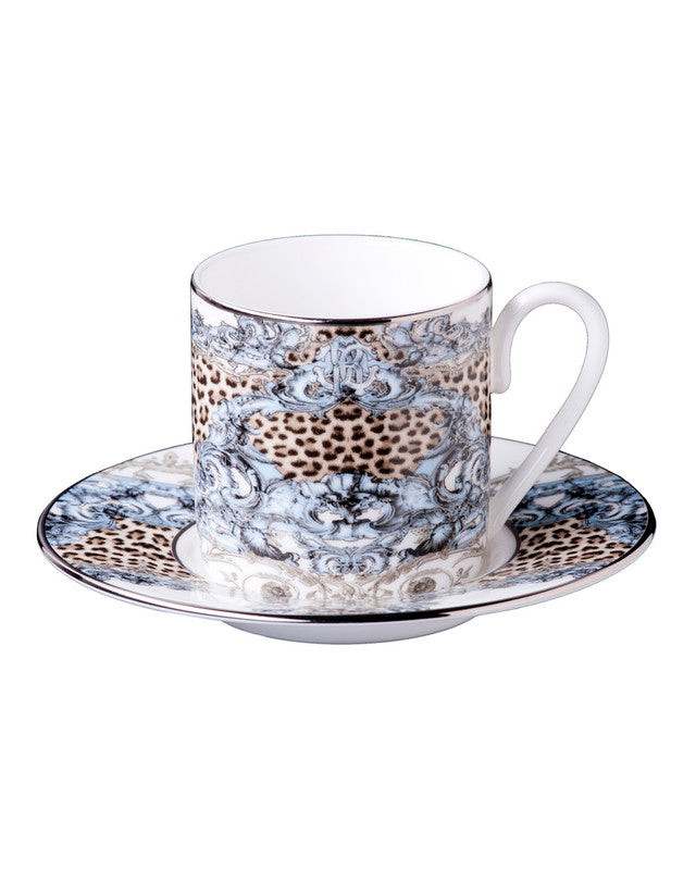 Roberto Cavalli Home Coffee Cup & Saucer PALAZZO PITTI Set of 2 in Luxury Box  diam. 2.3", H 2.5", Cap. 4 oz, Saucer diam. 4.75"