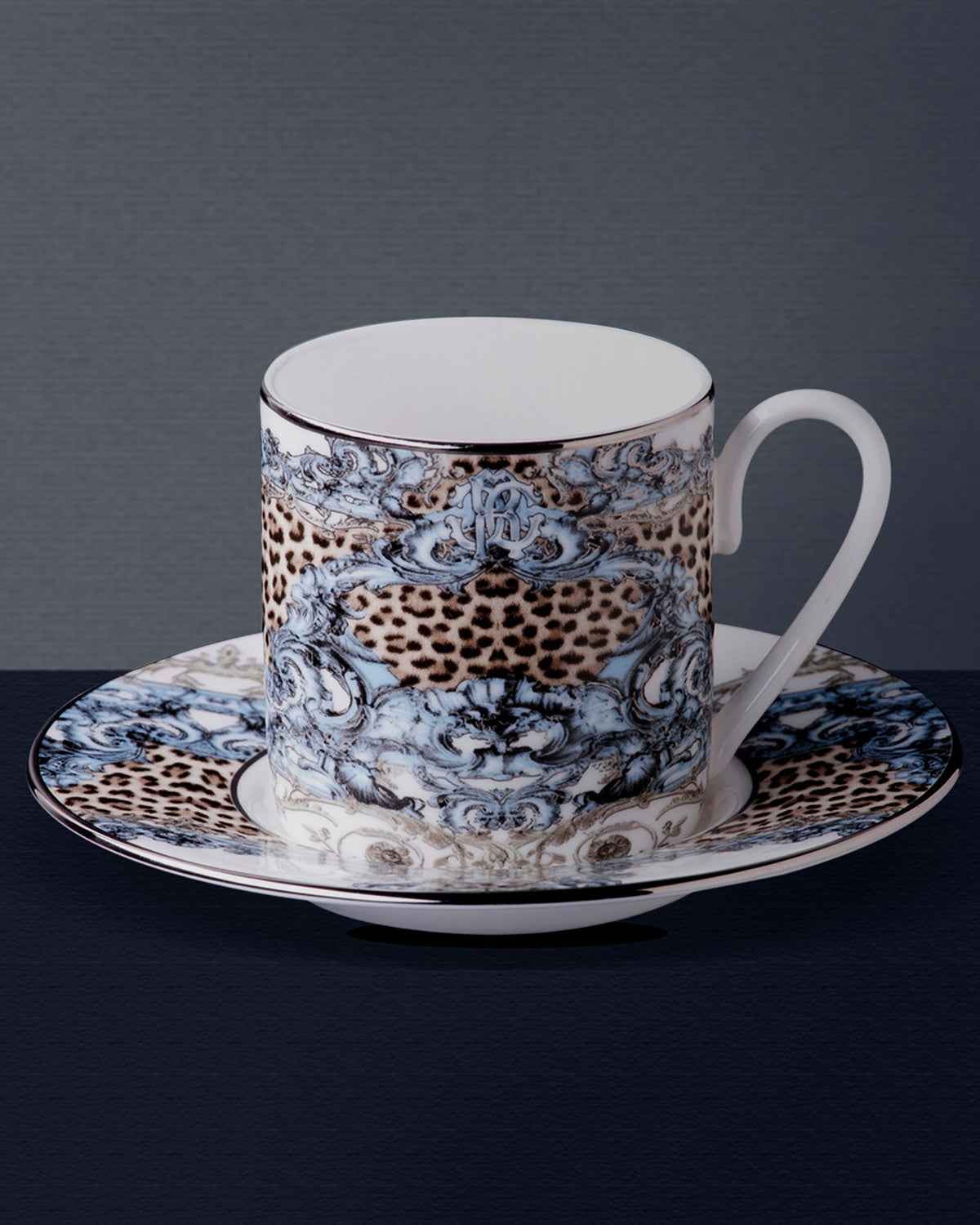 Roberto Cavalli Home Coffee Cup & Saucer PALAZZO PITTI Set of 2 in Luxury Box  diam. 2.3", H 2.5", Cap. 4 oz, Saucer diam. 4.75"