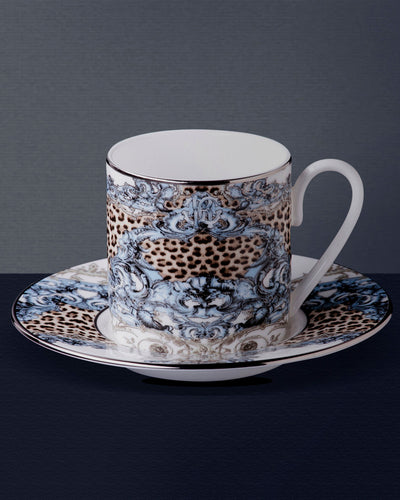 Roberto Cavalli Home Coffee Cup & Saucer PALAZZO PITTI Set of 2 in Luxury Box  diam. 2.3", H 2.5", Cap. 4 oz, Saucer diam. 4.75"