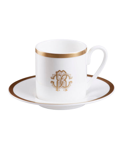 Roberto Cavalli Home Coffee Cup & Saucer SILK Set of 2 in Luxury Box Gold diam. 2.3", H 2.5", Cap. 4 oz, Saucer diam. 4.75"