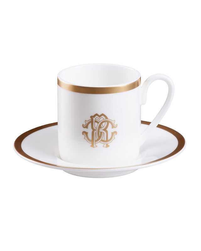Roberto Cavalli Home Coffee Cup & Saucer SILK Set of 2 in Luxury Box Gold diam. 2.3", H 2.5", Cap. 4 oz, Saucer diam. 4.75"