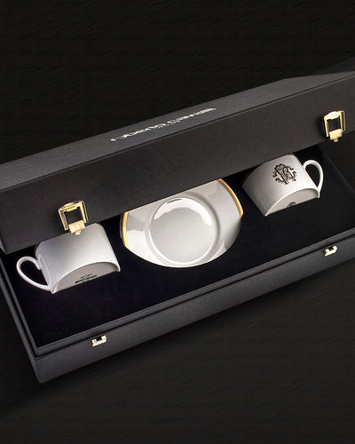 Roberto Cavalli Home Tea Cup & Saucer SILK Set of 2 in Luxury Box Gold diam. 3.3", H 2.3", cap. 7.5 oz, Saucer diam. 6"