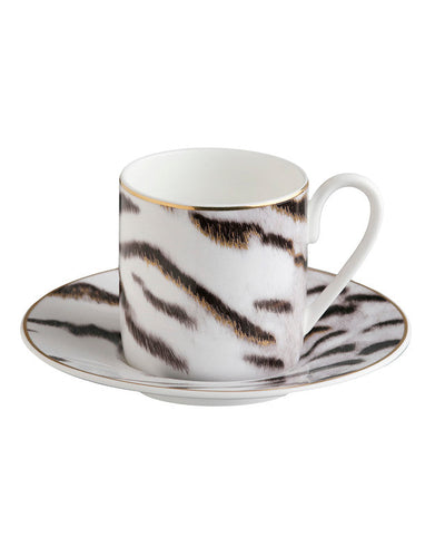 Roberto Cavalli Home Coffee Cup & Saucer TIGER Set of 2 in Luxury Box  diam. 2.3", H 2.5", Cap. 4 oz, Saucer diam. 4.75"