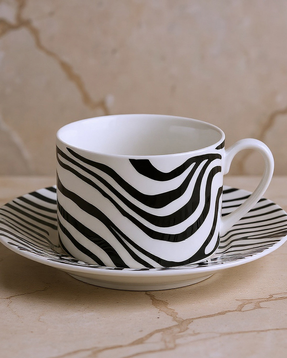 Tea Cup & Saucer ZEBRAGE Set of 2 in Luxury Box 3.3", H 2.3", cap. 7.5 oz, Saucer diam. 6"