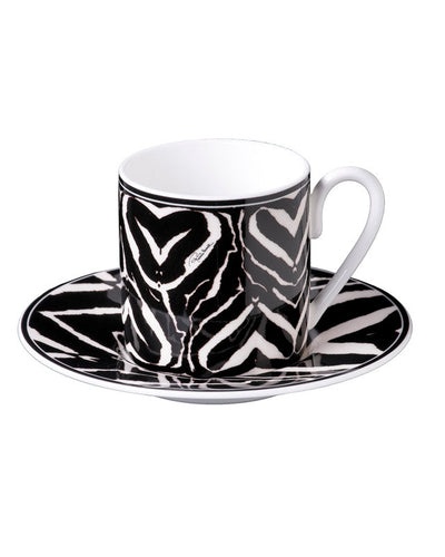 Roberto Cavalli Home Coffee Cup & Saucer ZEBRA Set of 2 in Luxury Box  diam. 2.3", H 2.5", Cap. 4 oz, Saucer diam. 4.75"