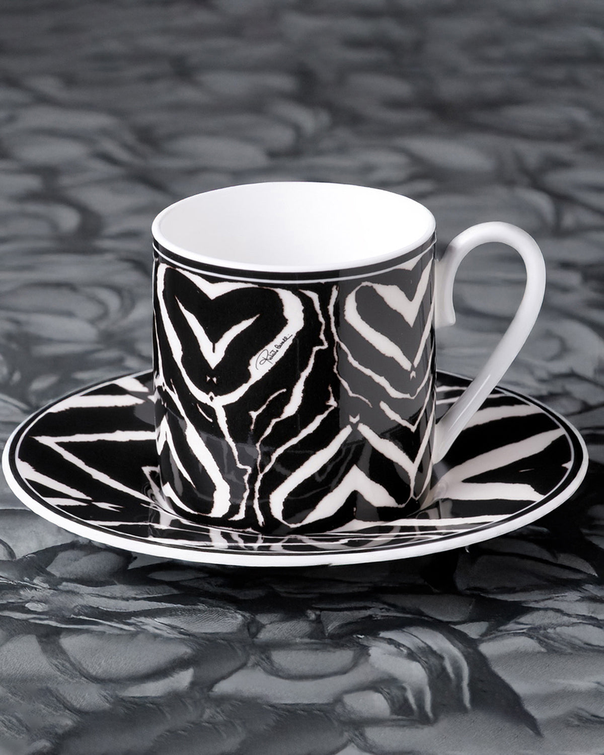 Coffee Cup & Saucer ZEBRA Set of 2 in Luxury Box  diam. 2.3", H 2.5", Cap. 4 oz, Saucer diam. 4.75"