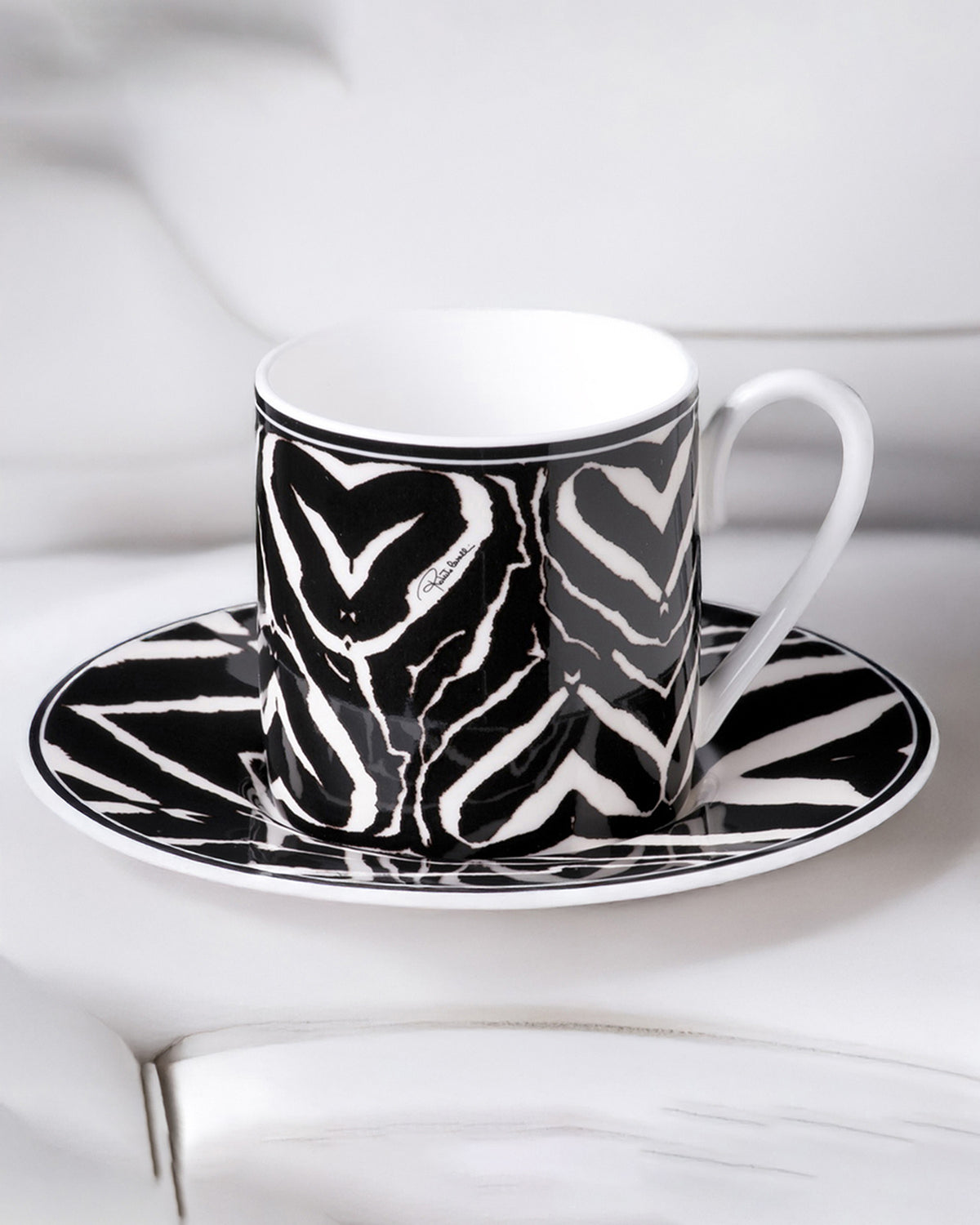 Coffee Cup & Saucer ZEBRA Set of 2 in Luxury Box  diam. 2.3", H 2.5", Cap. 4 oz, Saucer diam. 4.75"
