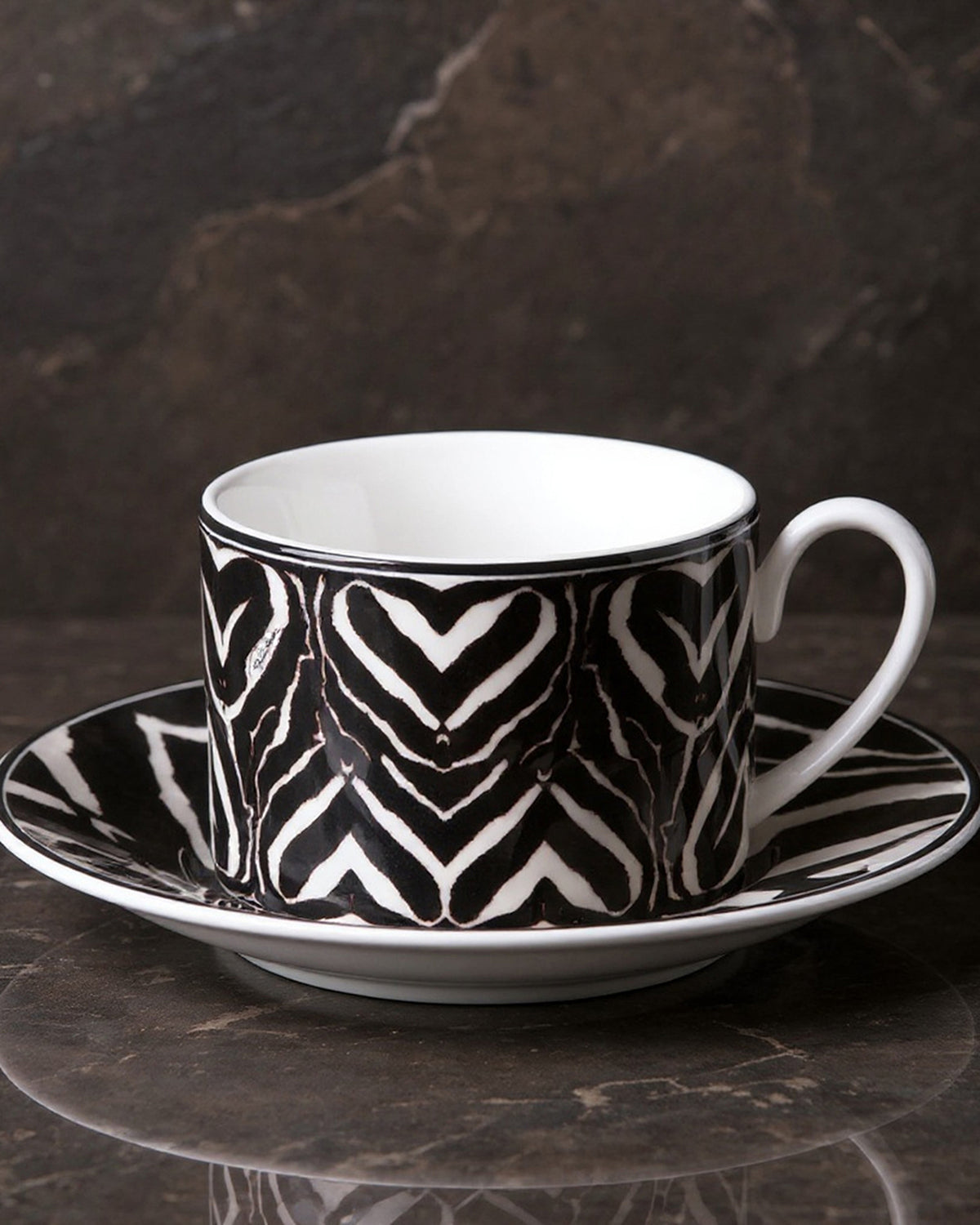 Tea Cup & Saucer ZEBRA Set of 2 in Luxury Box diam. 3.3", H 2.3", cap. 7.5 oz, Saucer diam. 6"