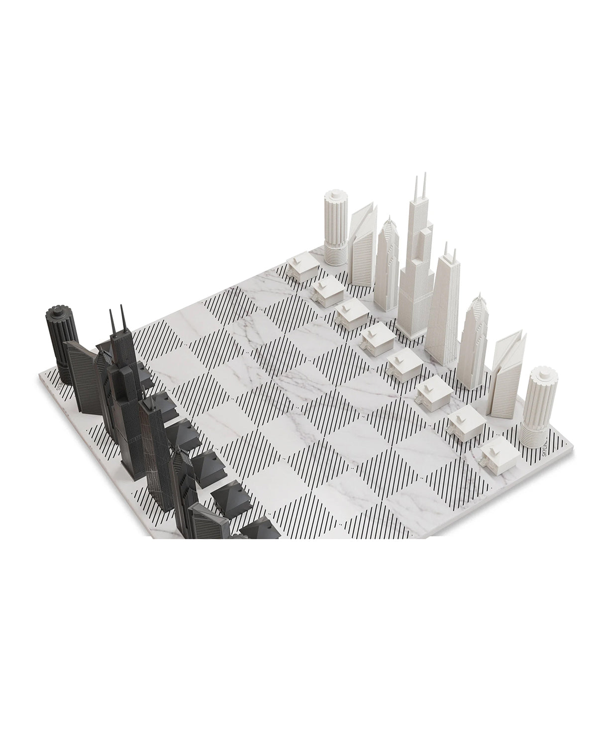 Chess Set Acrylic CHICAGO with Marble Hatch Board