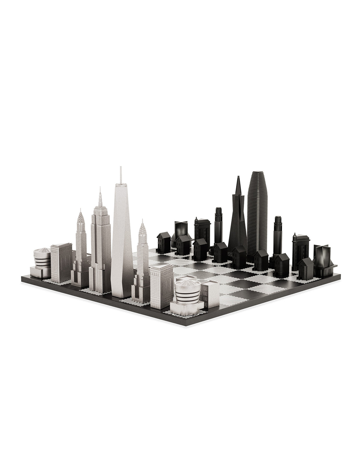 Skyline Chess Stainless Steel New York Vs San Francisco Edition with B/W Hatch Board
