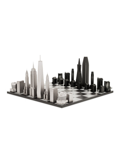 Skyline Chess Stainless Steel New York Vs San Francisco Edition with B/W Hatch Board