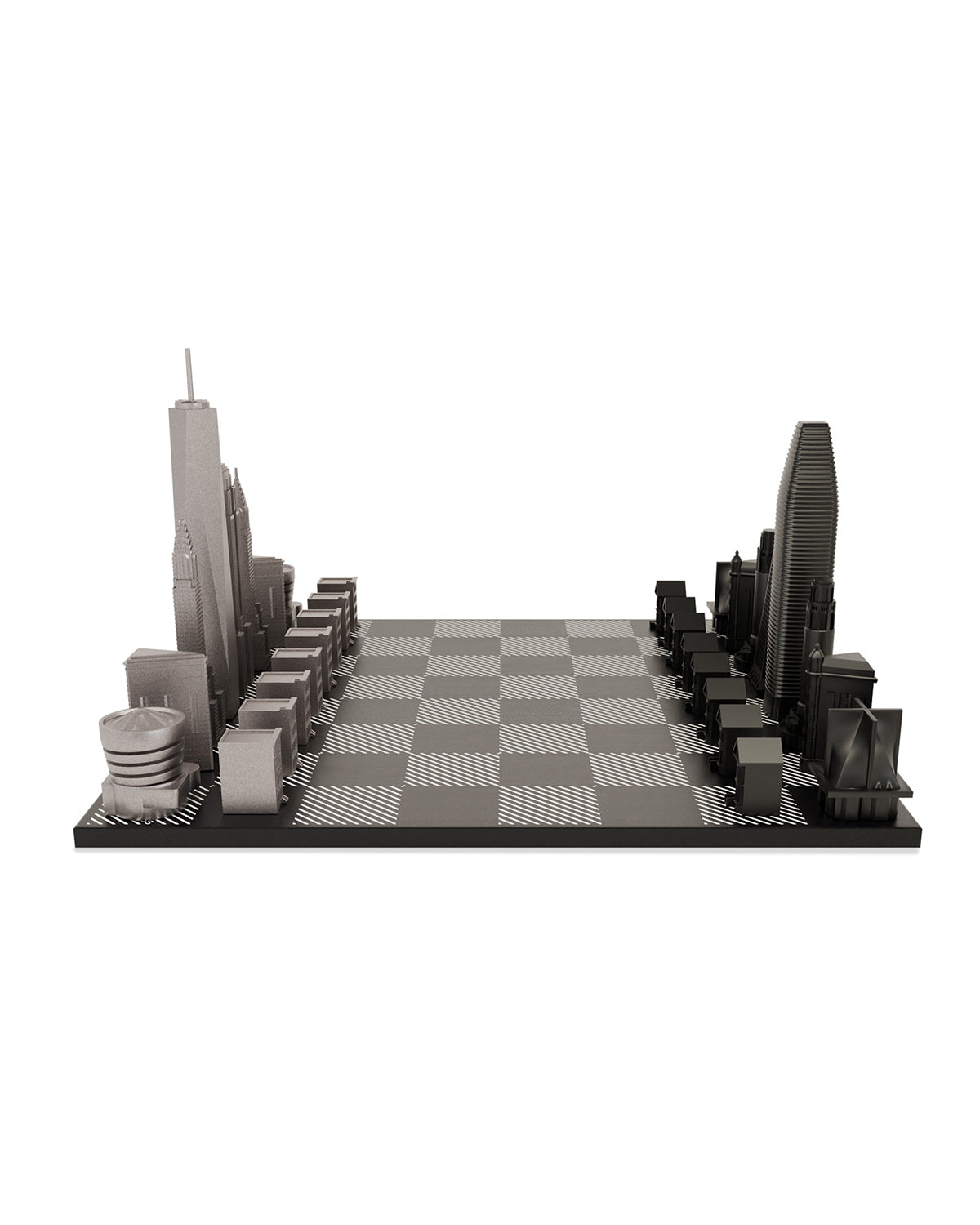 Skyline Chess Stainless Steel New York Vs San Francisco Edition with B/W Hatch Board