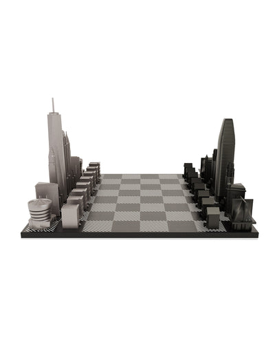 Skyline Chess Stainless Steel New York Vs San Francisco Edition with B/W Hatch Board