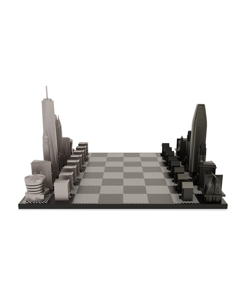 Skyline Chess Stainless Steel New York Vs San Francisco Edition with B/W Hatch Board