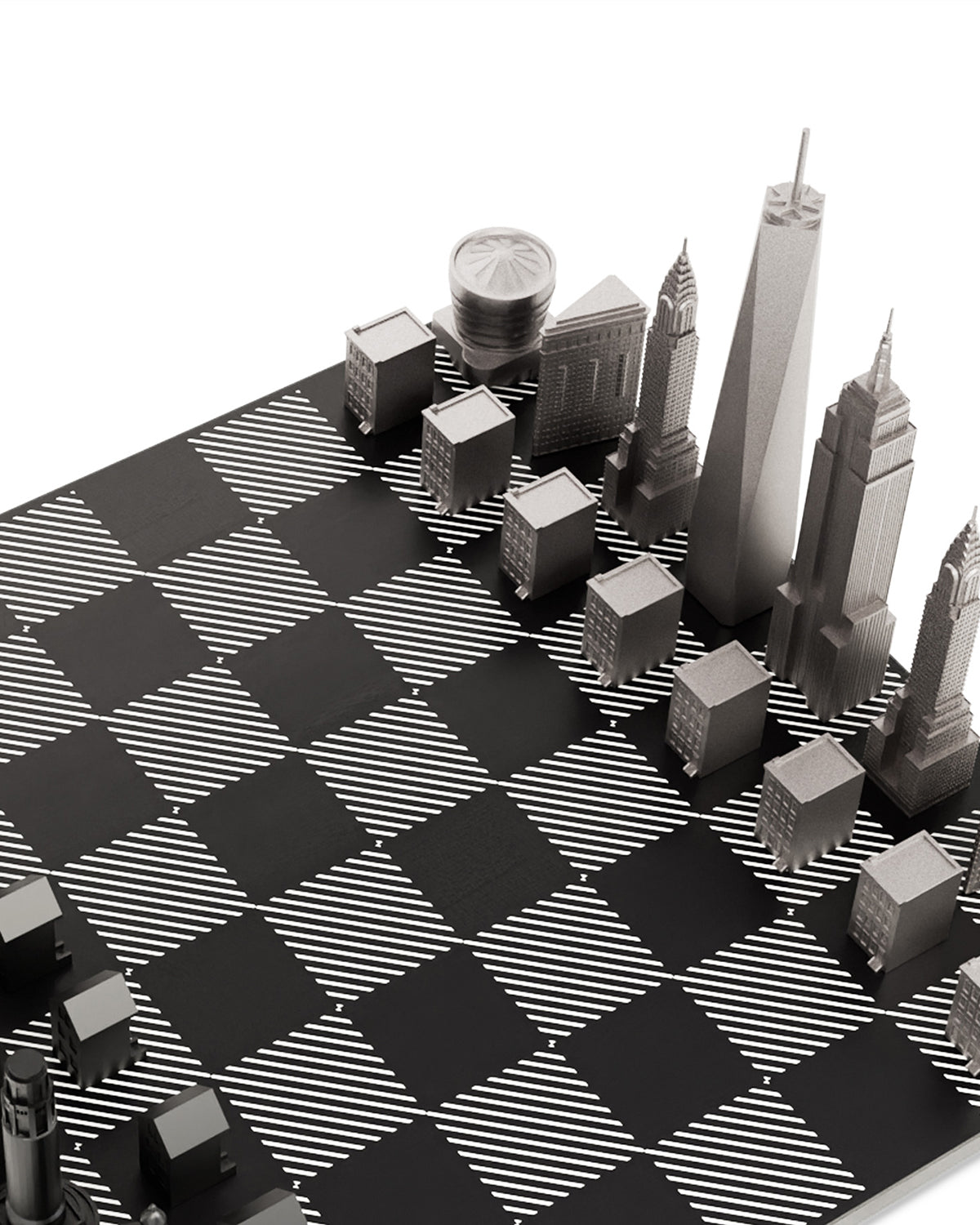 Skyline Chess Stainless Steel New York Vs San Francisco Edition with B/W Hatch Board