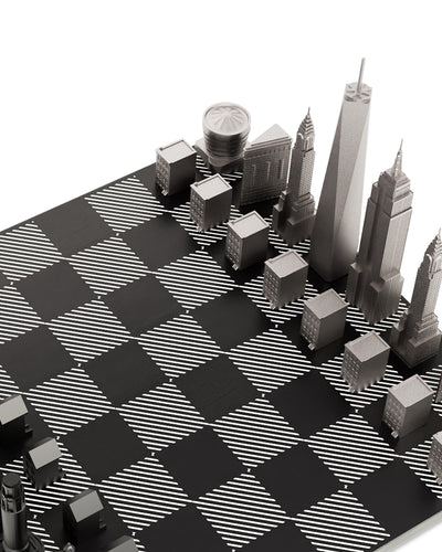 Skyline Chess Stainless Steel New York Vs San Francisco Edition with B/W Hatch Board