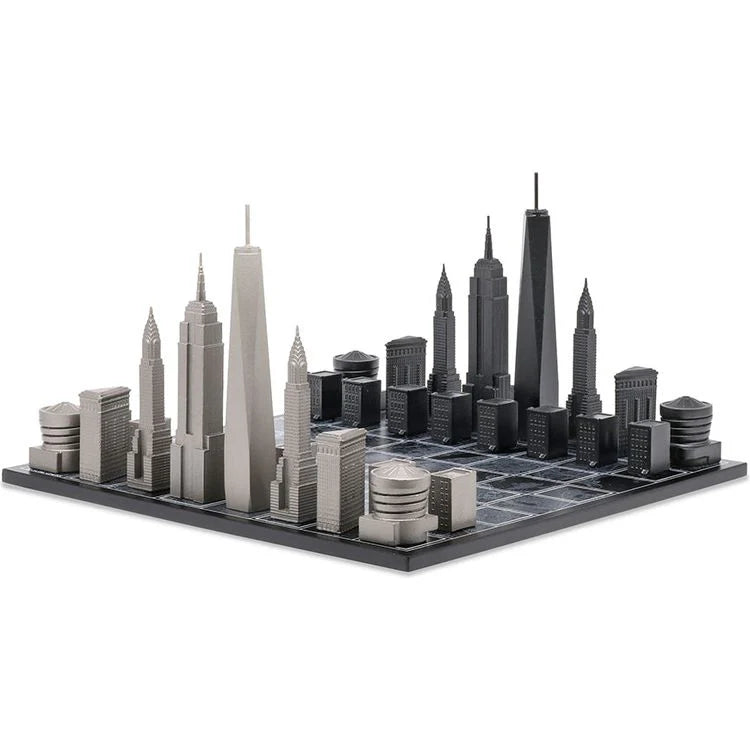 Skyline Chess Chess Set Stainless Steel NEW YORK Edition with Wood Map Board