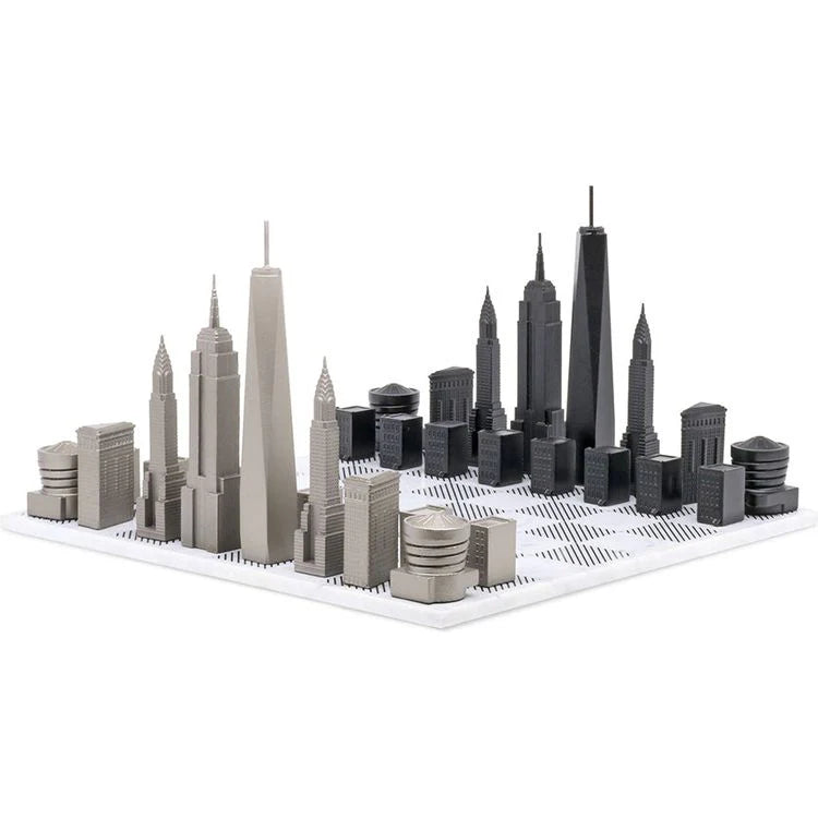 Skyline Chess Chess Set Stainless Steel NEW YORK Edition with Marble Hatch Board