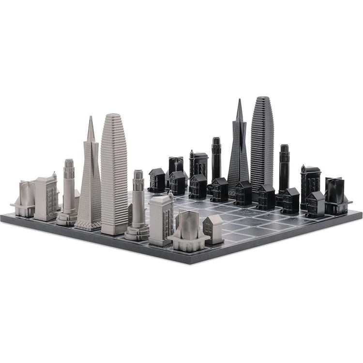Skyline Chess Chess Set Stainless Steel SAN FRANCISCO Edition with Wood Map Board