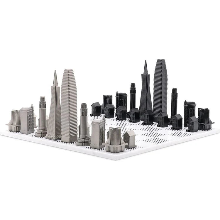 Skyline Chess Chess Set Stainless Steel SAN FRANCISCO Edition with Marble Hatch Board