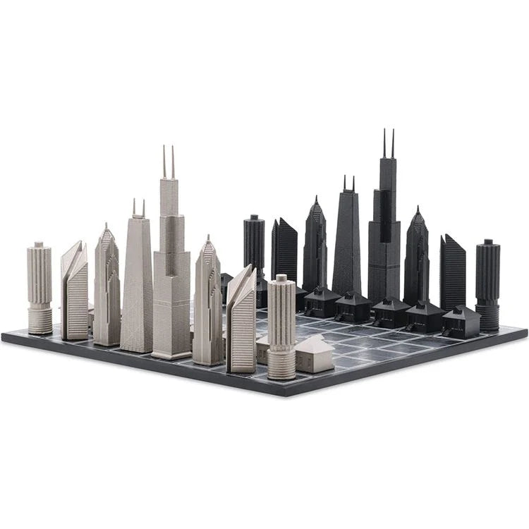 Skyline Chess Chess Set Stainless Steel CHICAGO Edition with Wood Map Board