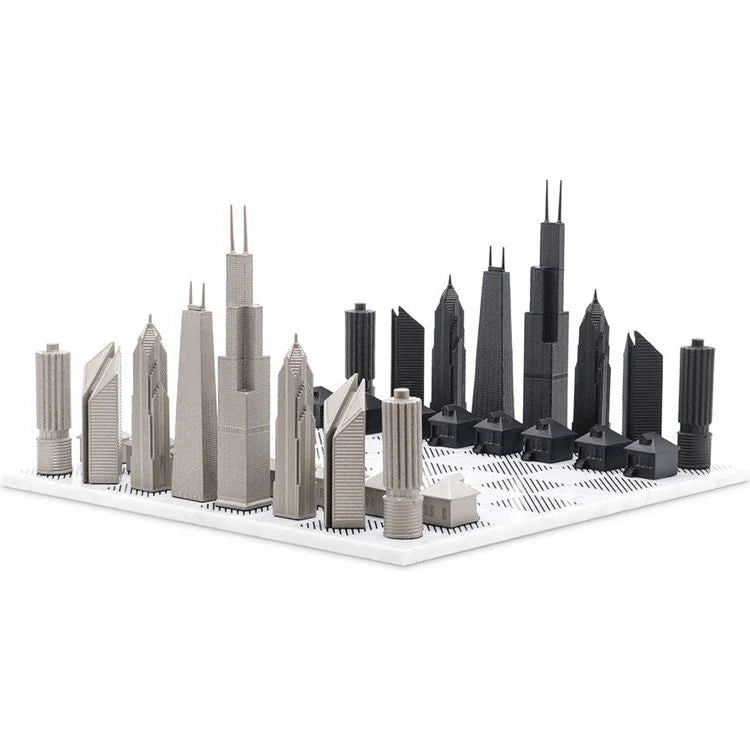 Skyline Chess Chess Set Stainless Steel CHICAGO Edition with Marble Hatch Board