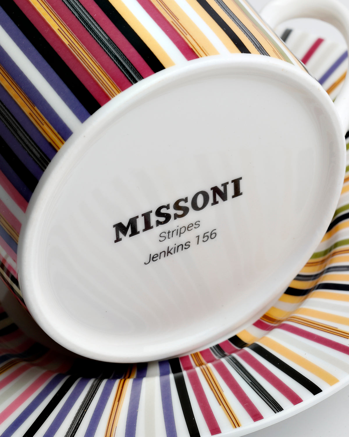 Missoni Home Tea Cup & Saucer STRIPES Set of 2 in Luxury Box Jenkins 156 diam. 3.3", H 2.3", cap. 7.5 oz, Saucer diam. 6"