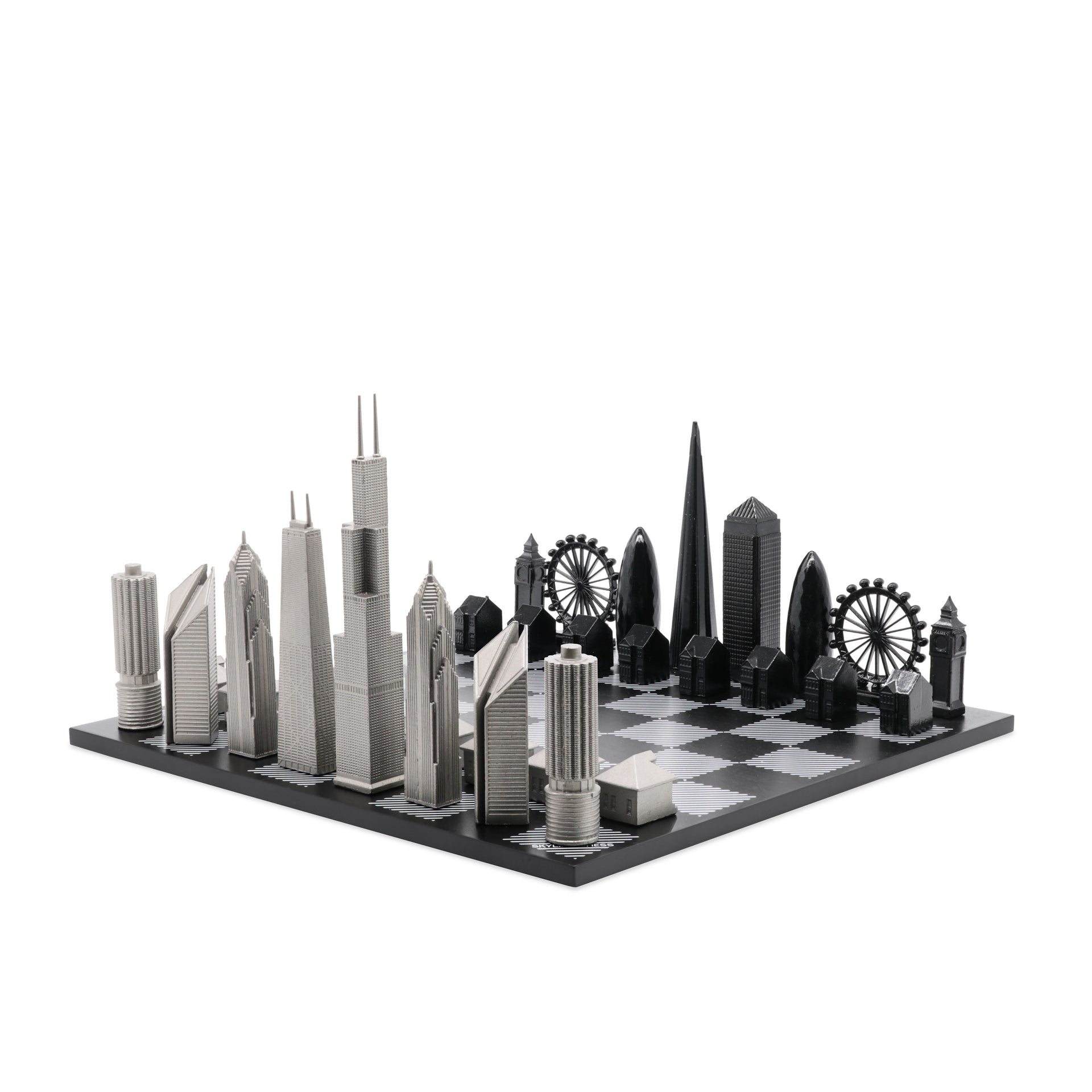 Skyline Chess Stainless Steel London Vs Chicago Edition with B/W Hatch Board