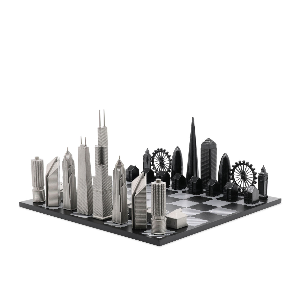 Skyline Chess Stainless Steel London Vs Chicago Edition with B/W Hatch Board
