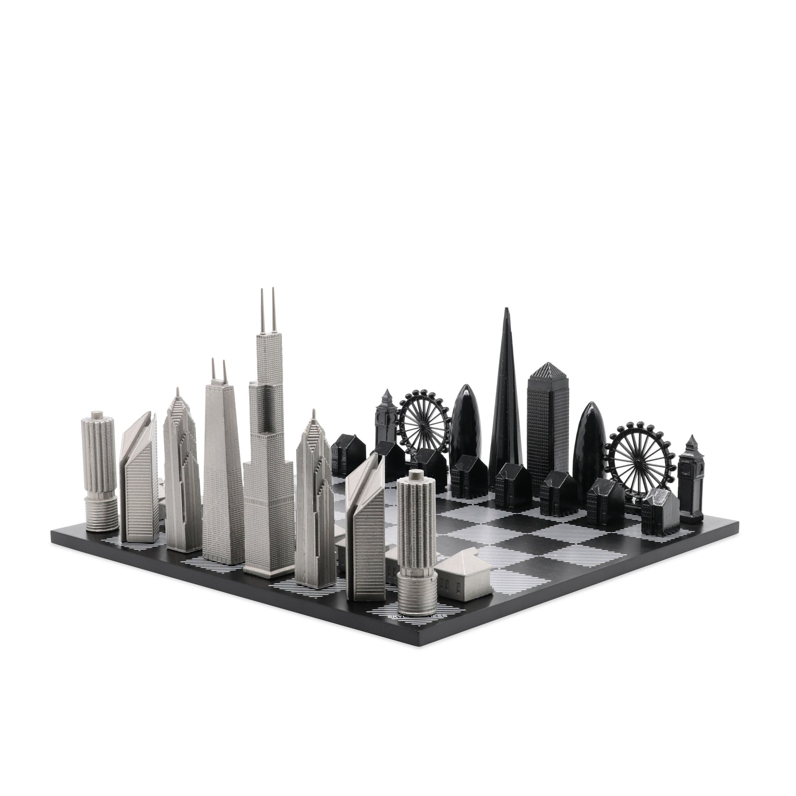 Skyline Chess Stainless Steel London Vs Chicago Edition with B/W Hatch Board