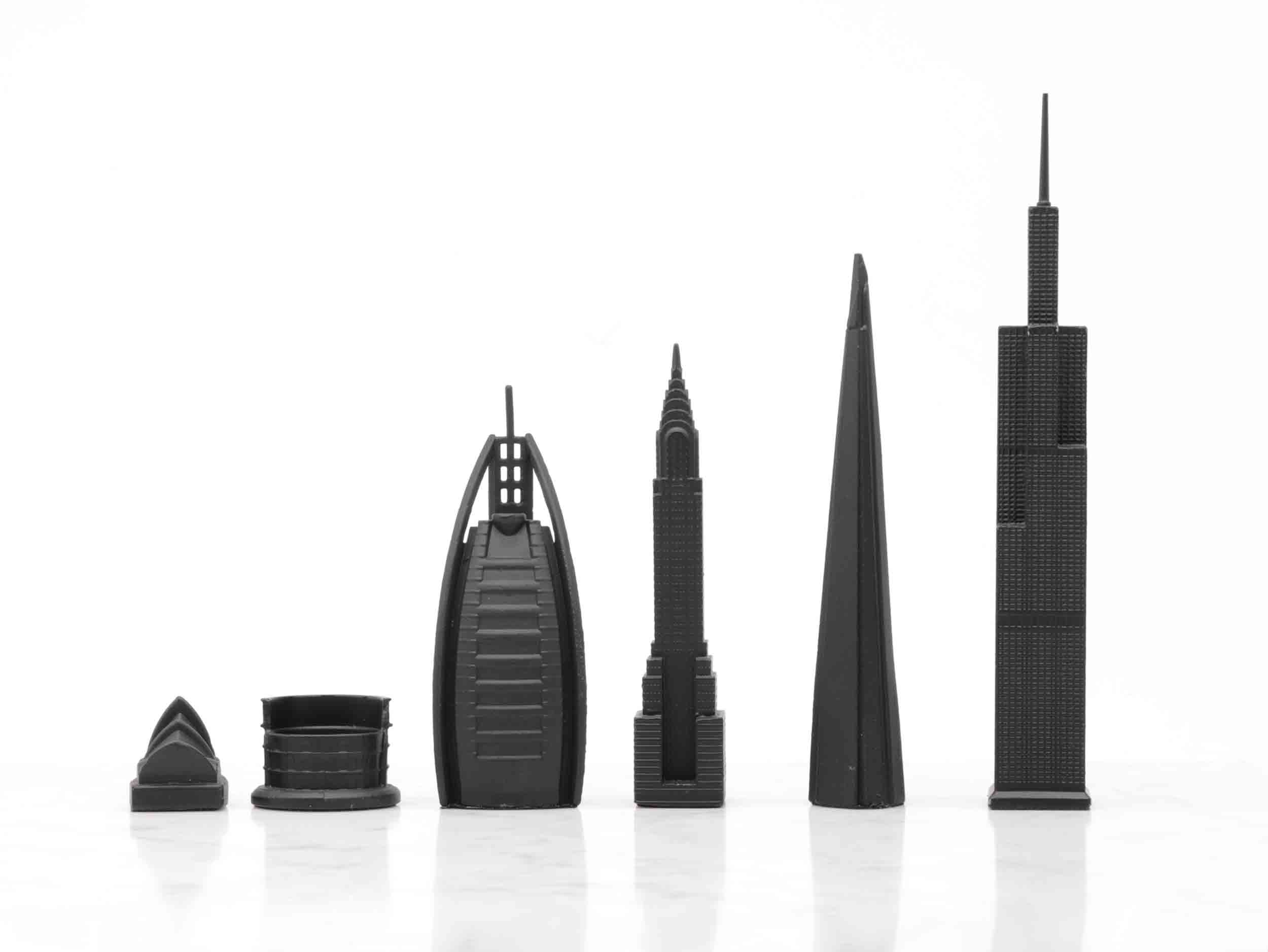 Skyline Chess Chess Set Stainless Steel World Icons Edition with Wooden Grid Board