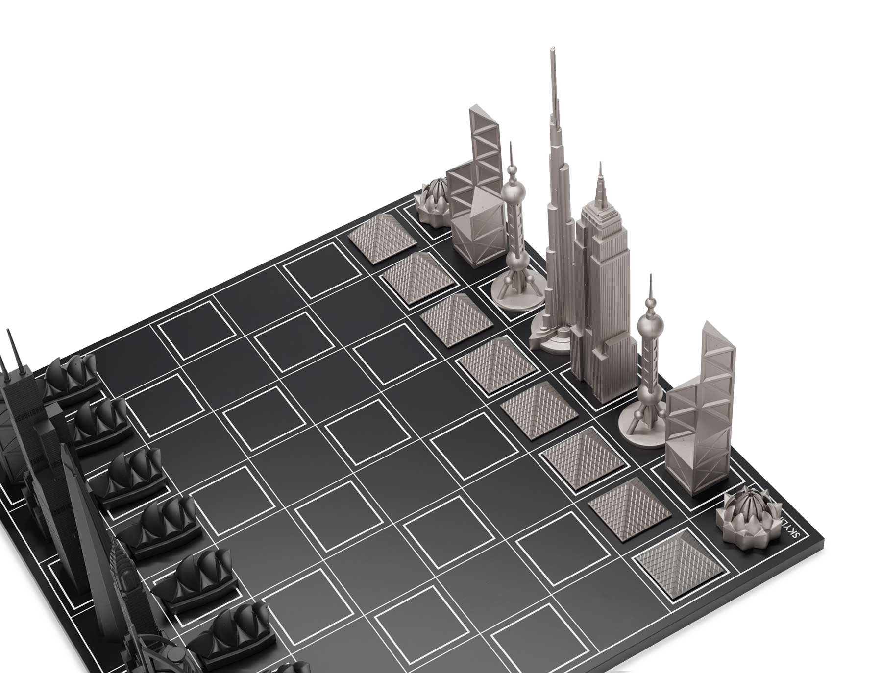 Skyline Chess Chess Set Stainless Steel World Icons Edition with Wooden Grid Board