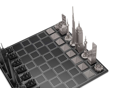 Skyline Chess Chess Set Stainless Steel World Icons Edition with Wooden Grid Board