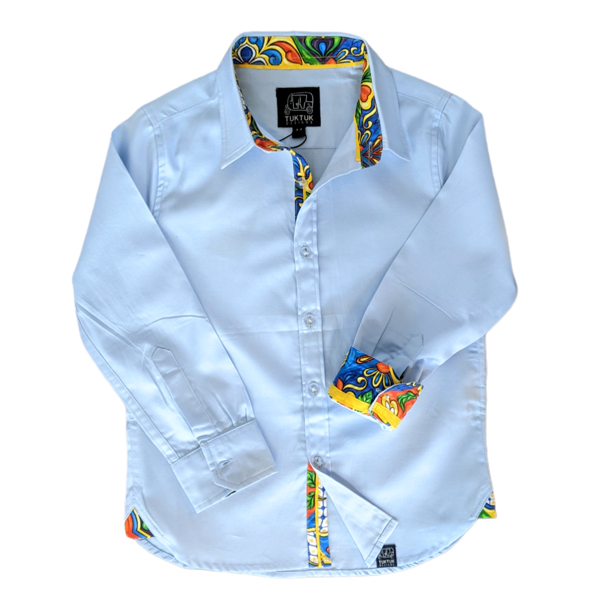 Blue Shirt with Majolica Trim in Long Sleeves