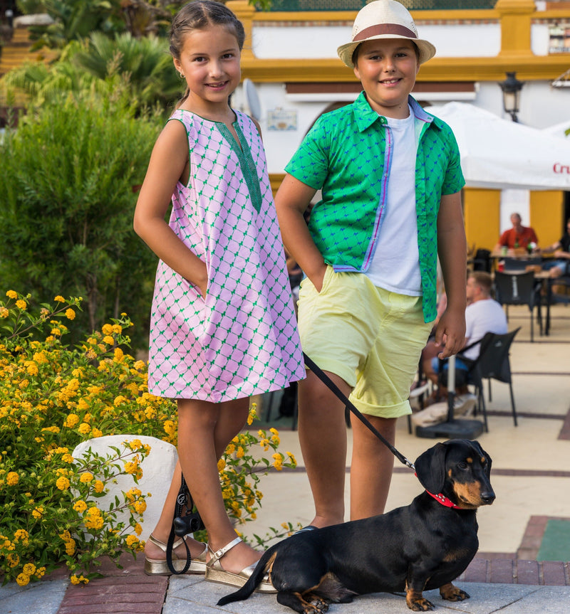 Puppies in Green Shirt in Short Sleeves