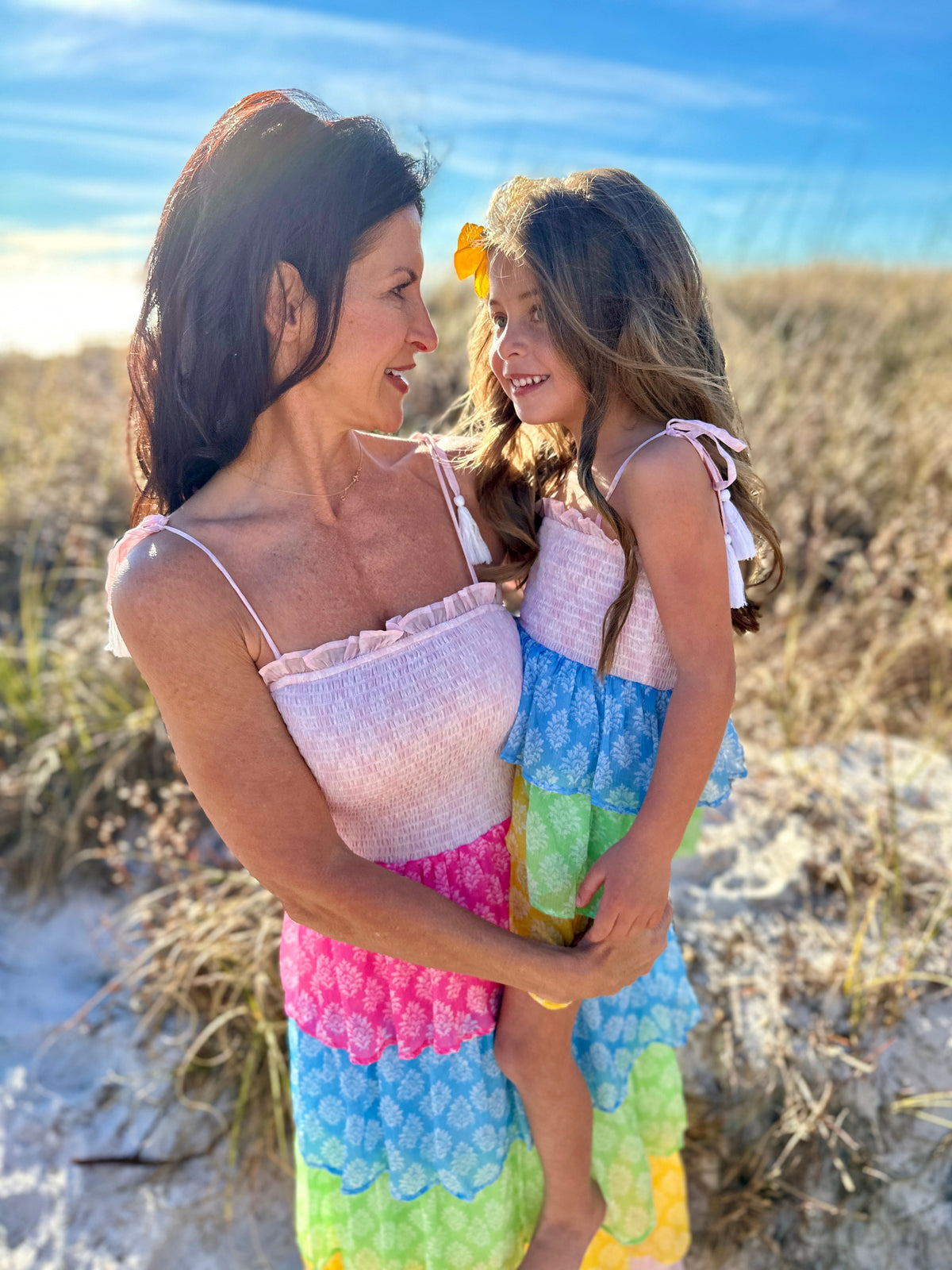 Women's Smock Bodice Tiered Dress in Block Print